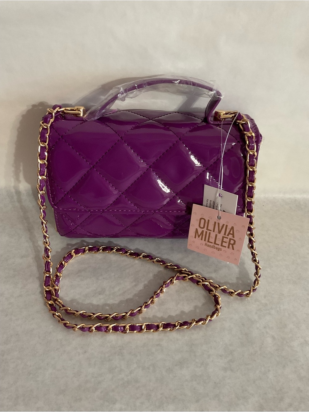 Olivia Miller Glossy Violet Quilted Crossbody with Gold Chain